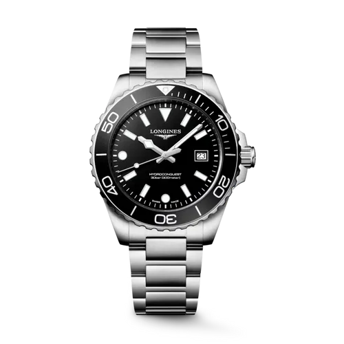Montre HYDROCONQUEST Quartz lunette noire, Bracelet acier, cadran noir sablé - LONGINES