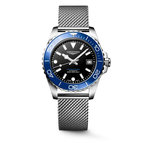 Montre HYDROCONQUEST lunette céramique bleue, Bracelet Milanais acier, Cadran noir laqué poli - LONGINES