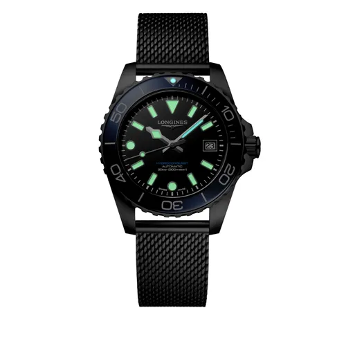 Montre HYDROCONQUEST lunette céramique bleue, Bracelet Milanais acier, Cadran noir laqué poli - LONGINES