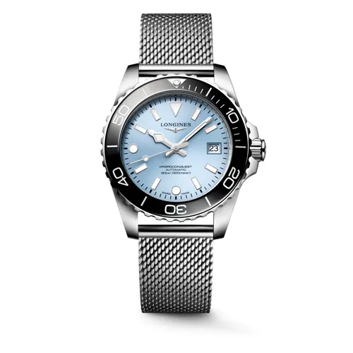 Montre HYDROCONQUEST lunette céramique noire, Bracelet Milanais acier, Cadran bleu givré soleilléi - LONGINES