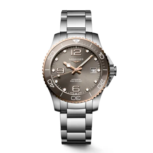Montre HYDROCONQUEST lunette céramique PVD ros, Bracelet acier, Cadran gris soleillé - LONGINES