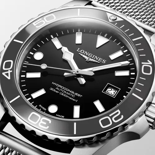 Montre HYDROCONQUEST lunette céramique grise, Bracelet Milanais acier, Cadran noir laqué poli - LONGINES
