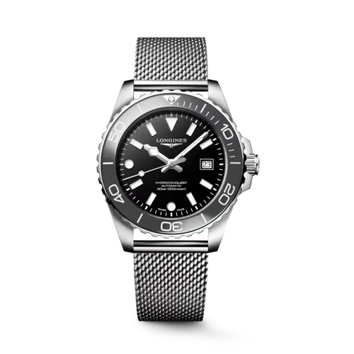 Montre HYDROCONQUEST lunette céramique grise, Bracelet Milanais acier, Cadran noir laqué poli - LONGINES
