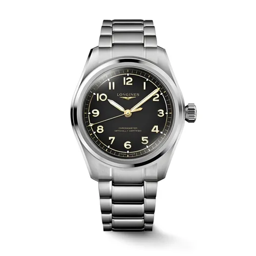 Montre LONGINES SPIRIT PILOT, Bracelet acier, Cadran noir mat chiffres arabes appliqués et aiguilles dorées - LONGINES