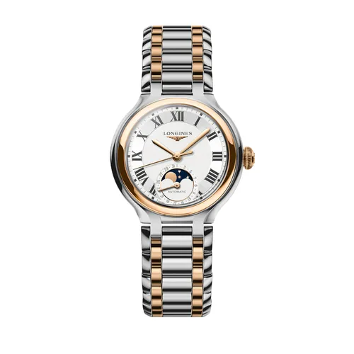 Montre LONGINES PRIMALUNA Moonphase acier coiffe or rose, Bracelet acier et coiffe or rose, Cadran argenté chiffres romains - LONGINES