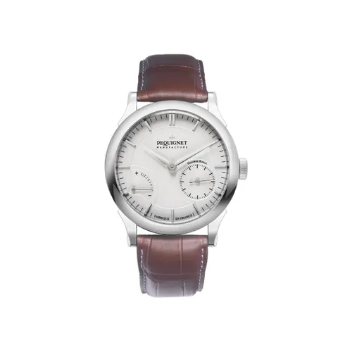 Montre ROYALE PARIS Réserve de Marche Bracelet alligator marron, Boucle déployante, Cadran argenté - PEQUIGNET