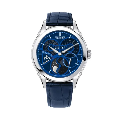 Montre ROYALE SAPHIR Bleue, Bracelet alligator bleu, Boucle déployante, Cadran saphir teinté bleu avec insert bleu nuit métal - PEQUIGNET