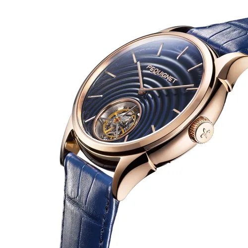 Montre ROYALE TOURBILLON n°1/24 Bracelet alligator bleu, Boucle ardillon en or rose, Cadran bleu texturé goutte d’eau - PEQUIGNET