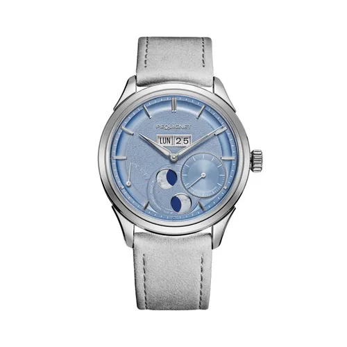 Montre ROYALE PARIS Grande Date et Lune, Bracelet cuir nubuck gris perle interchangeable, Boucle déployante, Cadran bleu glacier - PEQUIGNET