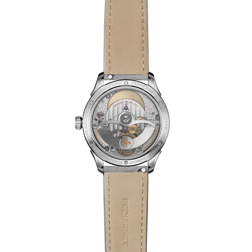 Montre ROYALE PARIS Grande Date et Lune, Bracelet cuir nubuck gris perle interchangeable, Boucle déployante, Cadran bleu glacier - PEQUIGNET