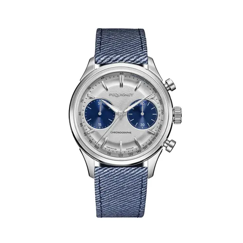 Montre ROYALE PARIS CHRONO, Bracelet cordura bleu, Boucle déployante, Cadran argenté compteurs bleus - PEQUIGNET