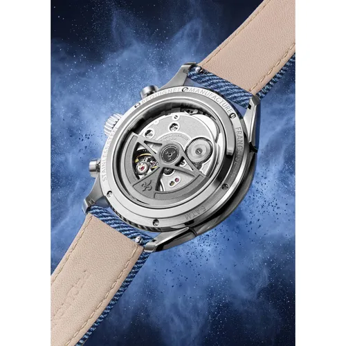 Montre ROYALE PARIS CHRONO, Bracelet cordura bleu, Boucle déployante, Cadran argenté compteurs bleus - PEQUIGNET
