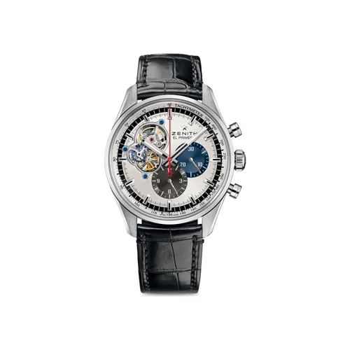 Montre CHRONOMASTER EL PRIMERO OPEN Bracelet alligator noir, Boucle déployante, Cadran argenté soleillé avec 2 compteurs de couleur - ZENITH