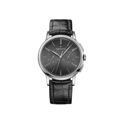 Montre ELITE CHRONOGRAPH CLASSIC Bracelet en alligator noir doublé caoutchouc C493, Boucle déployante, Cadran noir fumé - ZENITH