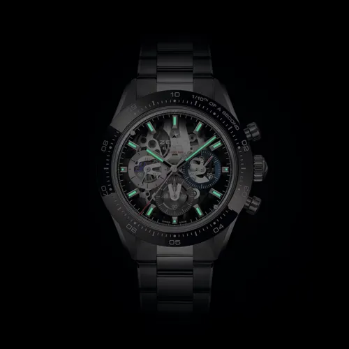 Montre CHRONOMASTER SPORT Skeleton lunette céramique noire, Bracelets acier et caoutchouc noir, Cadran verre saphir dégradé avec 3 compteurs de couleurs - ZENITH