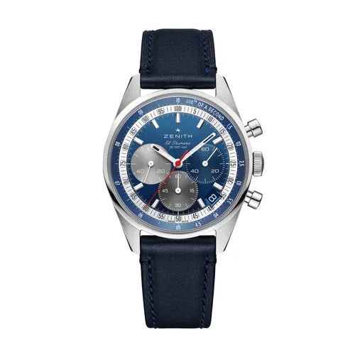 Montre CHRONOMASTER ORIGINAL, Bracelets cuir bleu et acier, Boucle déployante, Cadran bleu soleillé avec avec compteurs 3 couleurs - ZENITH