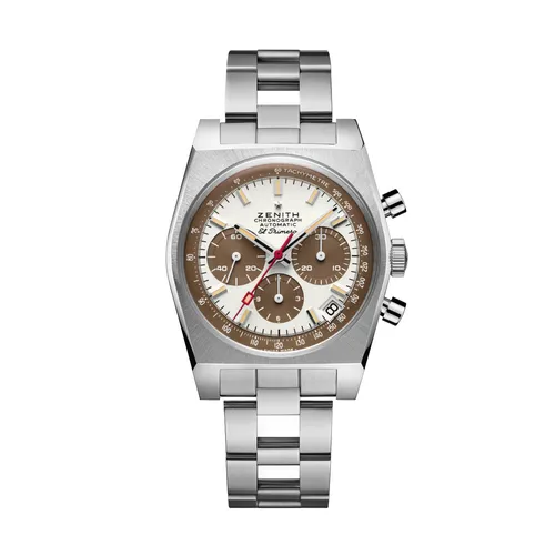 Montre CHRONOMASTER REVIVAL EL PRIMERO A384, Bracelet « échelle » de Gay Frères en acier, Cadran "tropical" laqué blanc avec compteurs brun - ZENITH