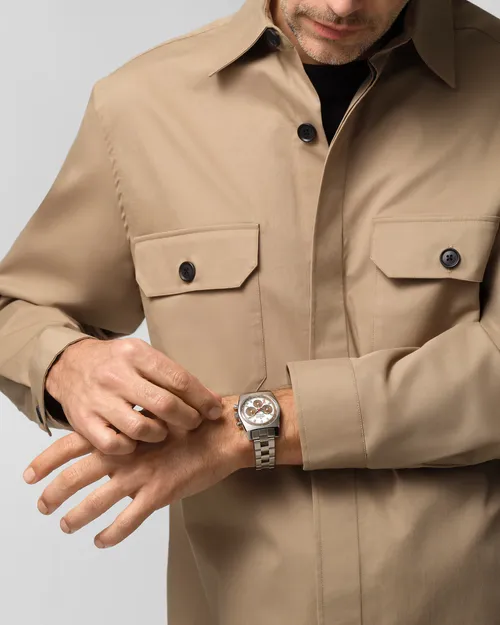 Montre CHRONOMASTER REVIVAL EL PRIMERO A384, Bracelet « échelle » de Gay Frères en acier, Cadran "tropical" laqué blanc avec compteurs brun - ZENITH