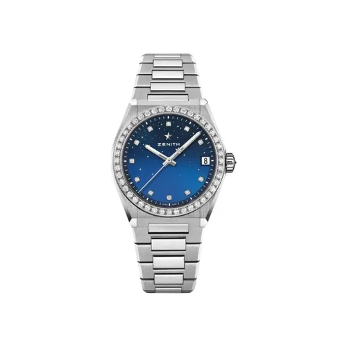 Montre DEFY MIDNIGHT lunette sertie diamants Bracelet acier et 3 bracelets caoutchouc doublés de cuir gris, blanc et bleu, Boucle déployante, Cadran bleu gradient 11 diamants - ZENITH