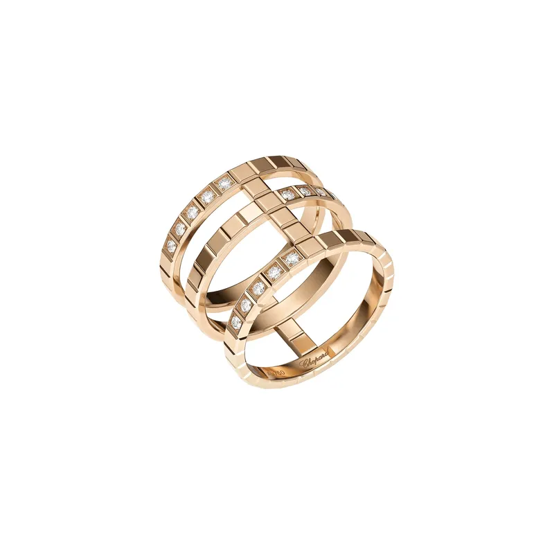 Bague Chopard Ice Cube 3 rangs en Or Rose et Diamants - CHOPARD