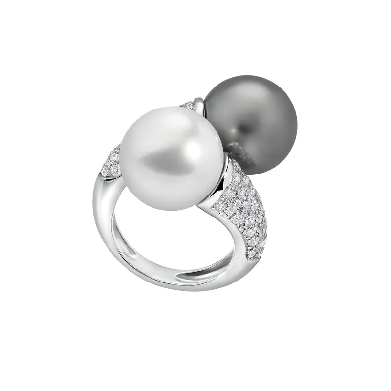 Bague TOI & MOI Perles Blanche et Tahiti Pavée diamants - CREATIONS JULIAN