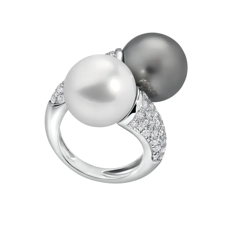 Bague TOI & MOI Perles Blanche et Tahiti Pavée diamants - CREATIONS JULIAN