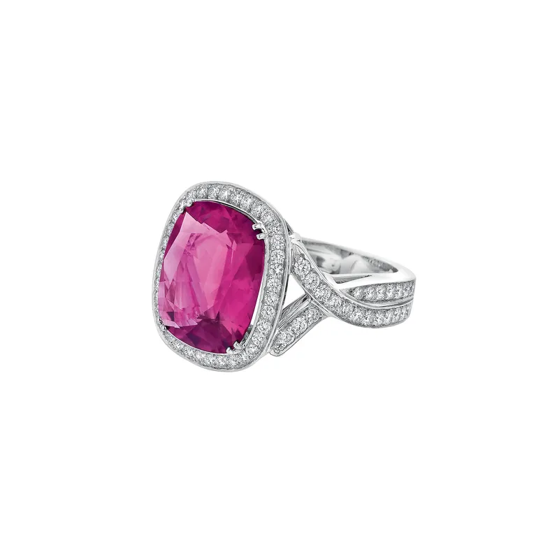 Bague Solitaire en or blanc palladié, rubellite et diamants blancs - CREATIONS JULIAN