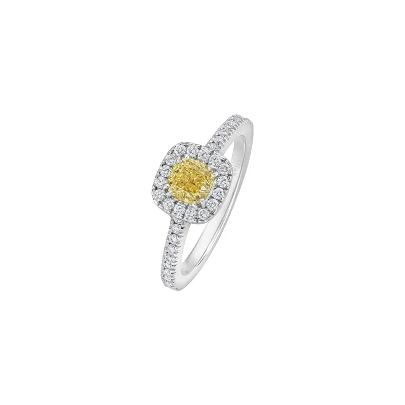 Bague Solitaire en or blanc palladié, diamant fancy yellow et diamants blancs - Certificat GIA - CREATIONS JULIAN