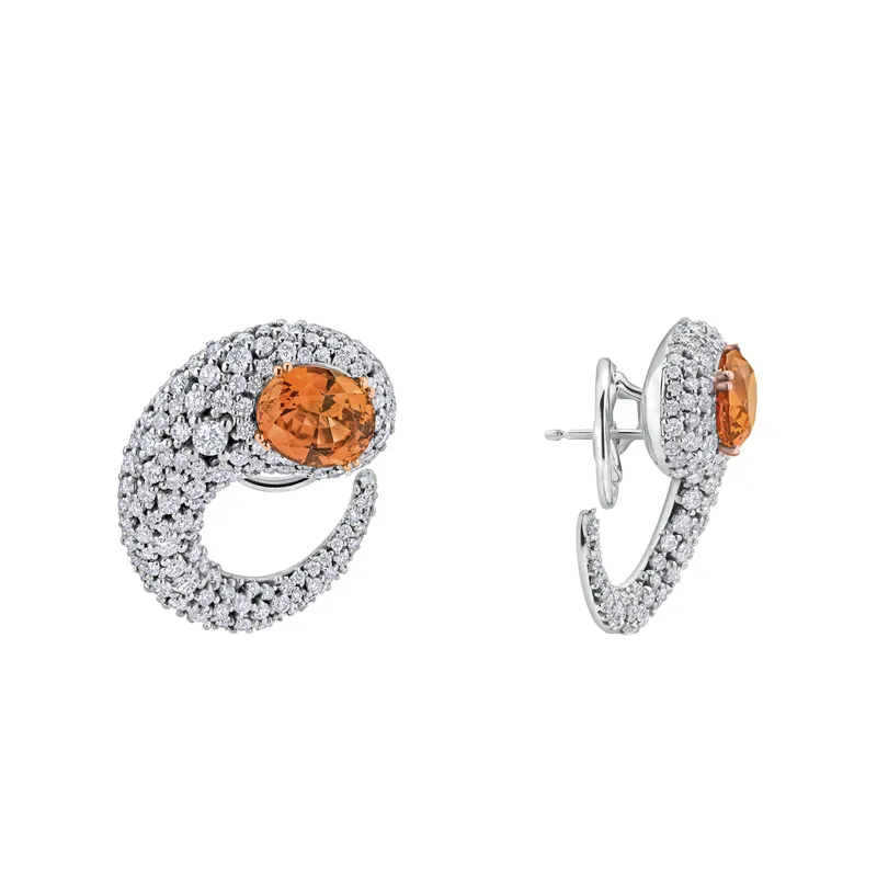Boucles d'Oreilles Twist Grenats Mandarin Full pavées Diamants - CREATIONS JULIAN