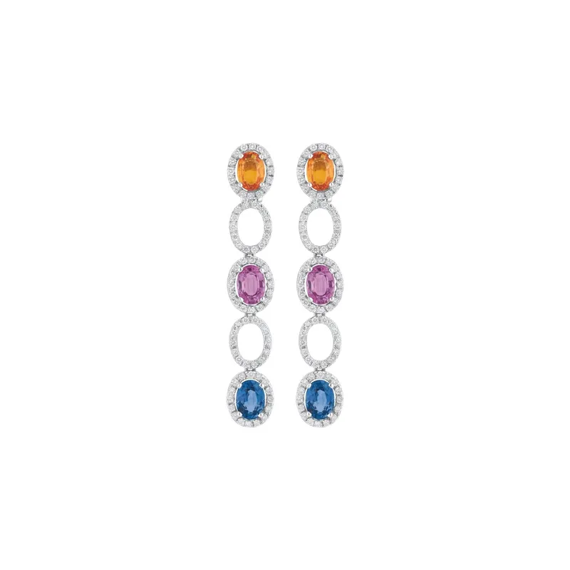 Boucles d'oreilles en or blanc, saphirs multicolores et diamants blancs - CREATIONS JULIAN
