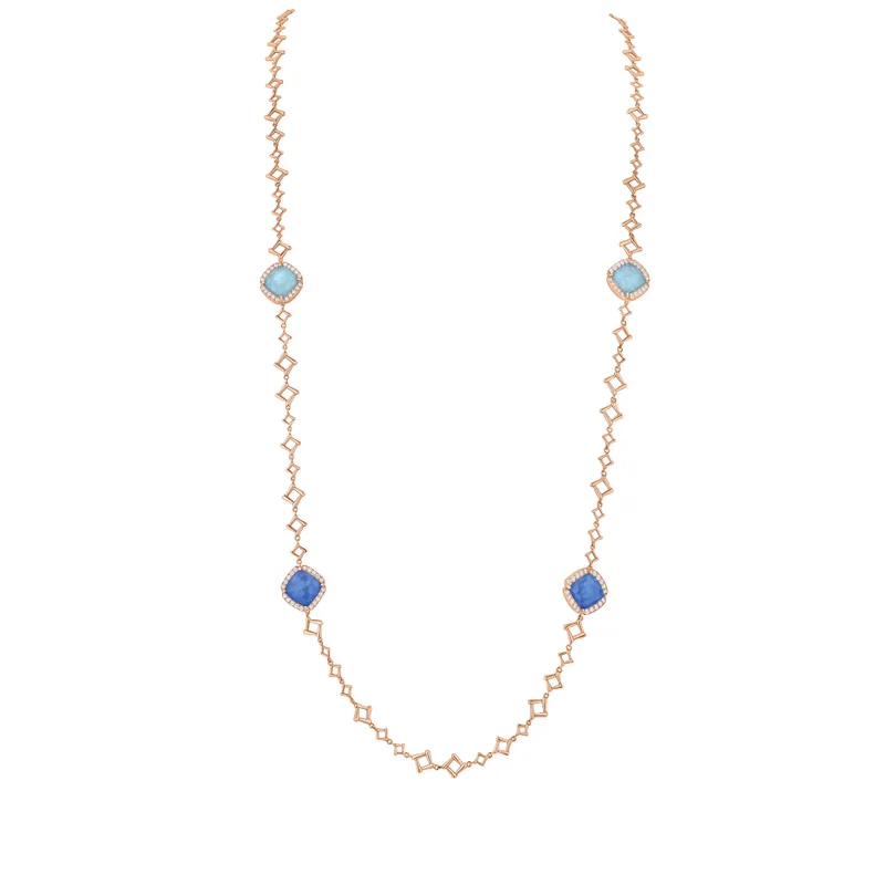 Collier Sautoir Multiflat Saphirs et Turquoises pavé Diamants - CREATIONS JULIAN