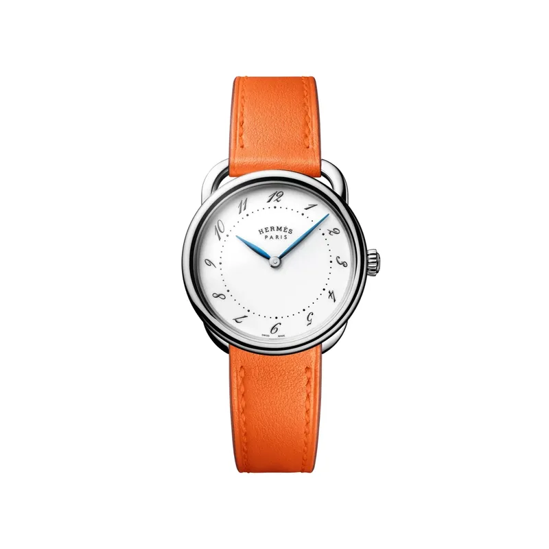 Montre ARCEAU Moyen Modèle, Bracelet veau Swift orange ST interchangeable, Boucle ardillon, Cadran laqué blanc - HERMÈS