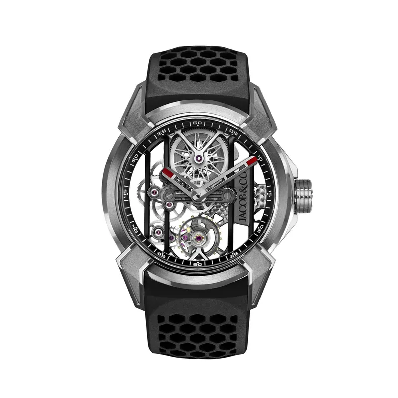 Montre EPIC X TITANIUM RED, Bracelet caoutchouc rouge, Boucle en titane, Cadran squelettepvd noir, Cadran squelette - JACOB & CO
