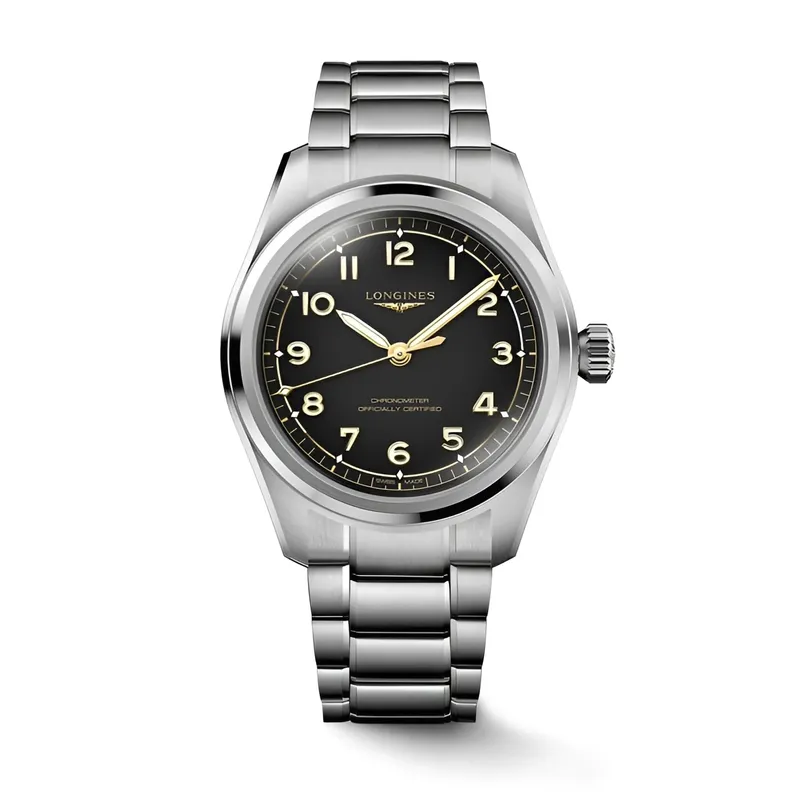 Montre LONGINES SPIRIT PILOT, Bracelet acier, Cadran noir mat chiffres arabes appliqués et aiguilles dorées - LONGINES
