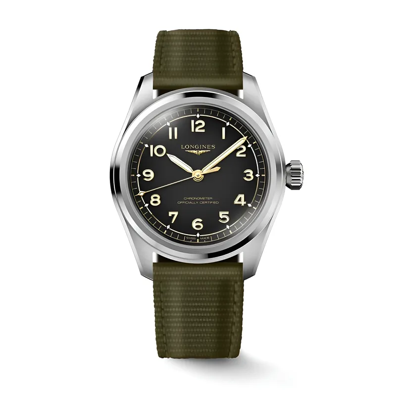 Montre LONGINES SPIRIT PILOT, Bracelet caoutchouc vert interchangeable, Boucle ardillon, Cadran noir mat chiffres arabes appliqués et aiguilles dorées - LONGINES