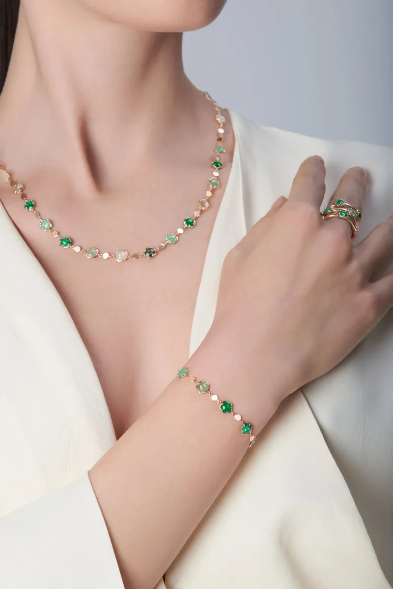 Bracelet FIGLIA DEI FIORI Agate verte, Pierre de lune blanche, Malachite, Chrysoprase, Prasiolite, Aventurine verte, Agate mousse et Diamant - PASQUALE BRUNI