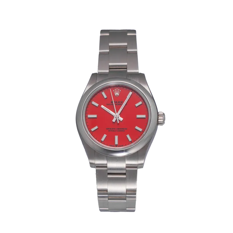 Oyster Perpetual 31mm en acier, cadran rouge, lunette lisse, bracelet oyster acier