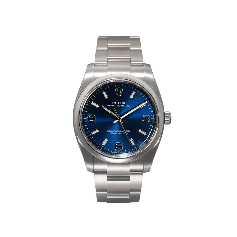 Oyster Perpetual en acier, cadran bleu, lunette lisse, bracelet oyster acier