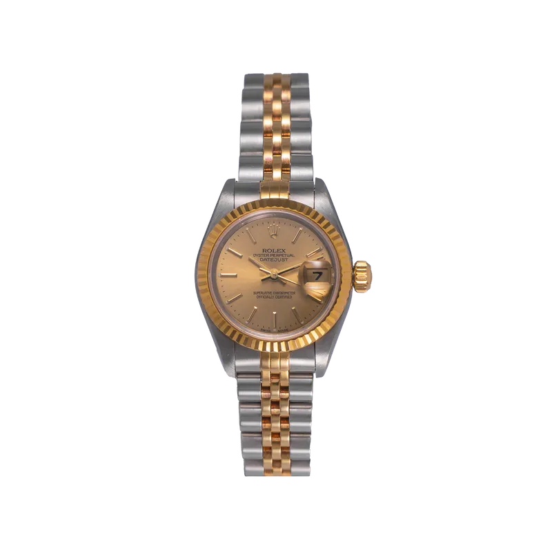 Datejust 26mm en or jaune/acier, cadran or jaune, lunette cannelée, bracelet jubilé or jaune/acier
