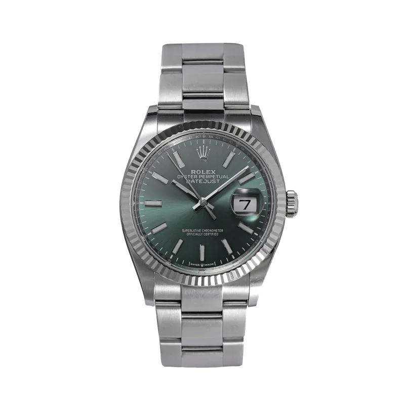 Datejust 36mm en acier, cadran menthe, lunette cannelée, bracelet oyster acier
