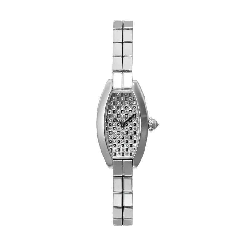 Tonneau en or blanc, cadran argent serti de diamants, bracelet en or blanc