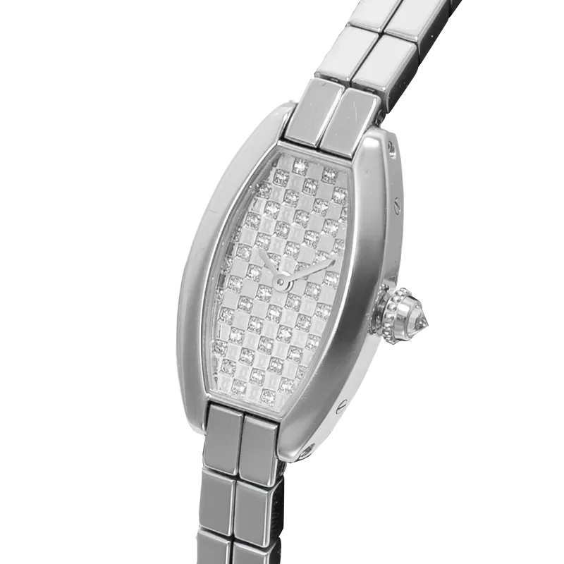 Tonneau en or blanc, cadran argent serti de diamants, bracelet en or blanc – vue 2
