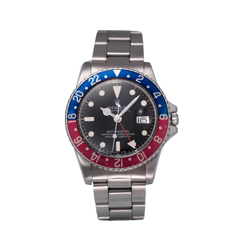 GMT-Master Pepsi 40mm en acier, cadran noir, lunette bleu/rouge, bracelet Oyster acier