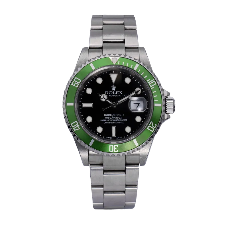 Submariner KERMITT 40mm en acier, lunette verte, cadran noir, bracelet oyster acier. 