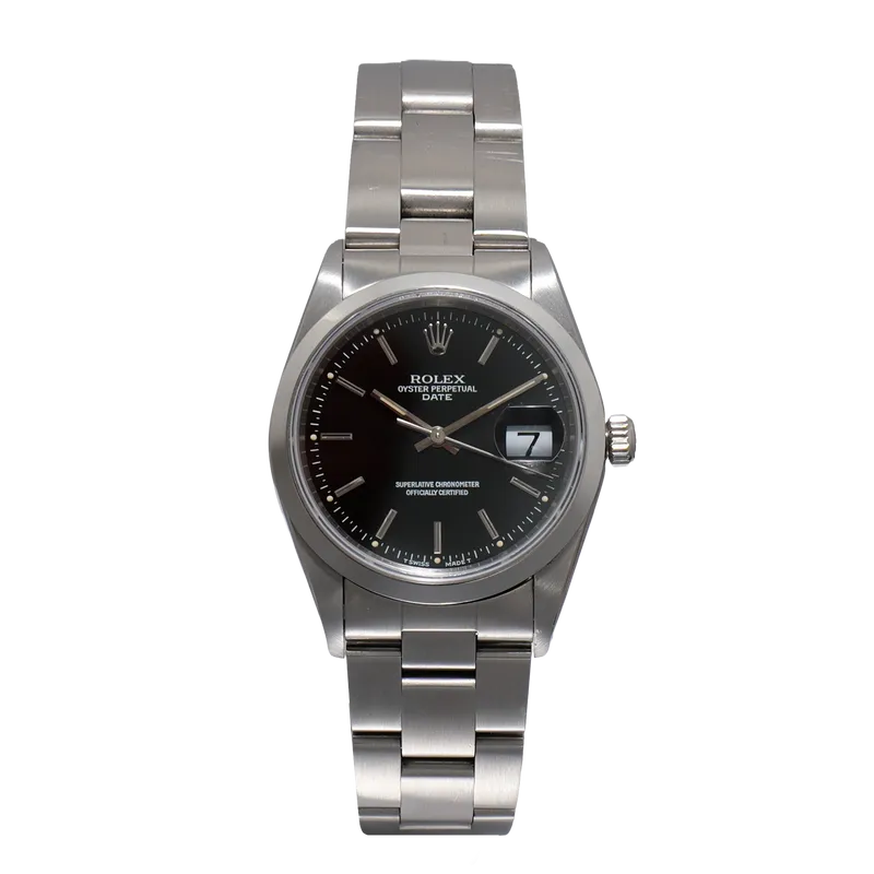 Oyster Perpetual Date en acier, cadran noir, lunette lisse, bracelet oyster acier