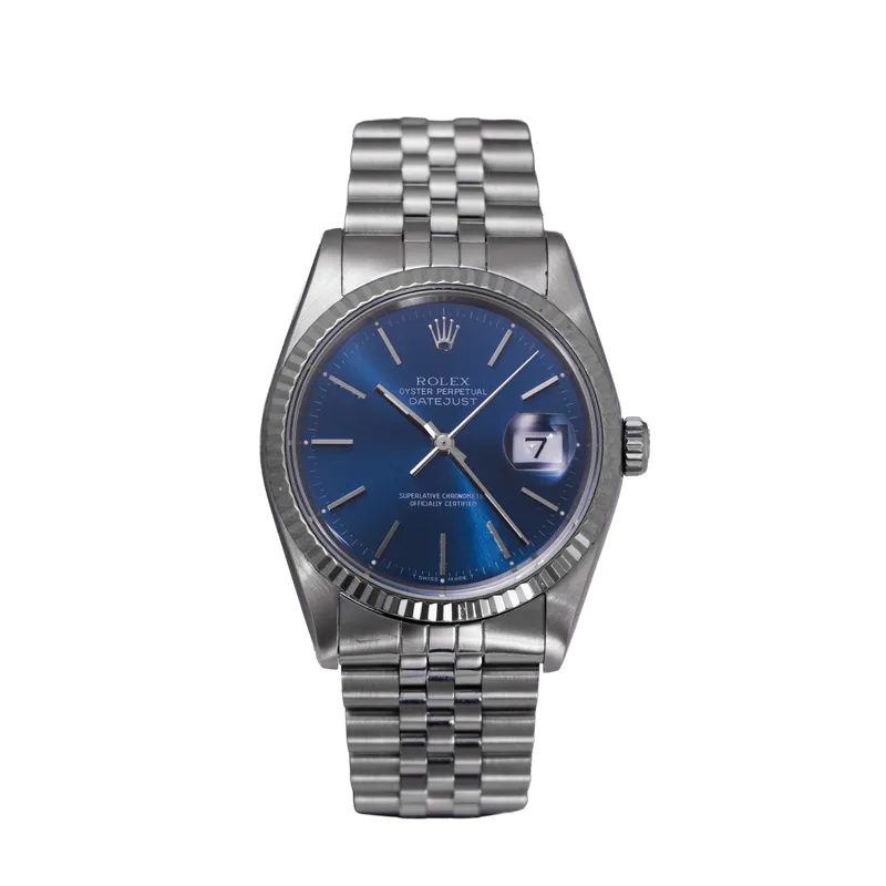 Datejust 36mm en acier, cadran bleu, lunette cannelée, bracelet jubilé 