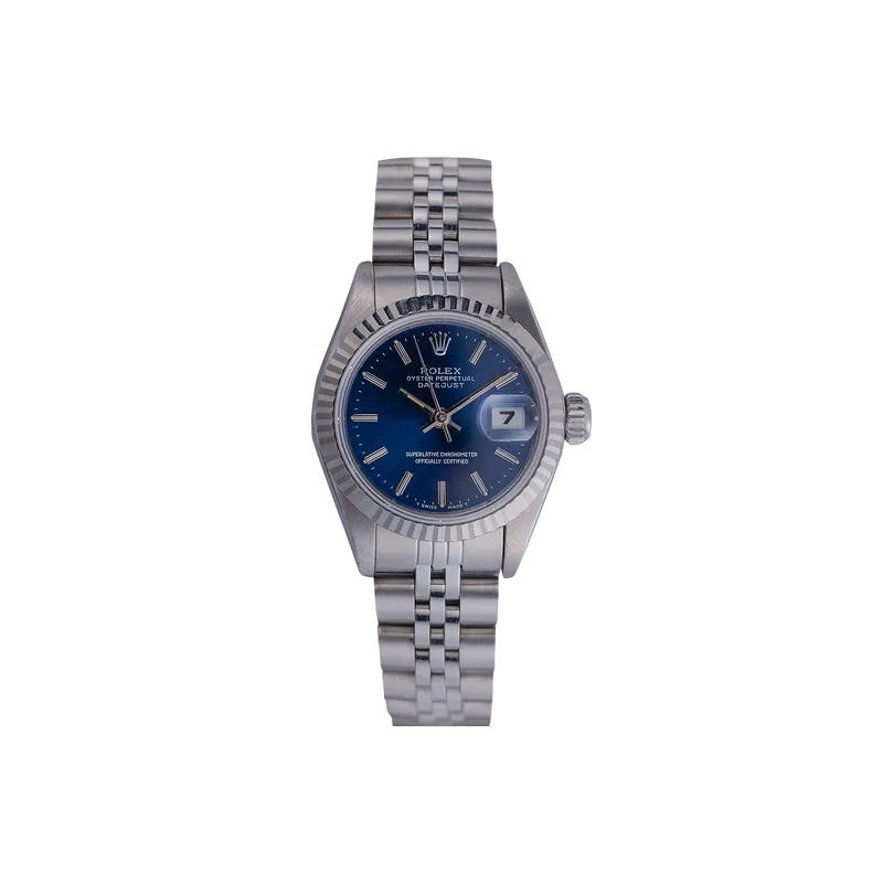 Oyster Perpetual Date 26mm en acier, cadran bleu soleillé, lunette cannelée, bracelet jubilé acier
