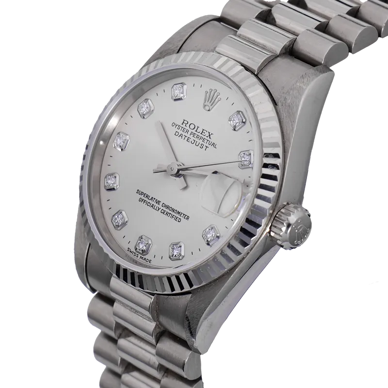 Datejust 31mm en or blanc, cadran silver index diamants, lunette cannelée, bracelet président or blanc – vue 2