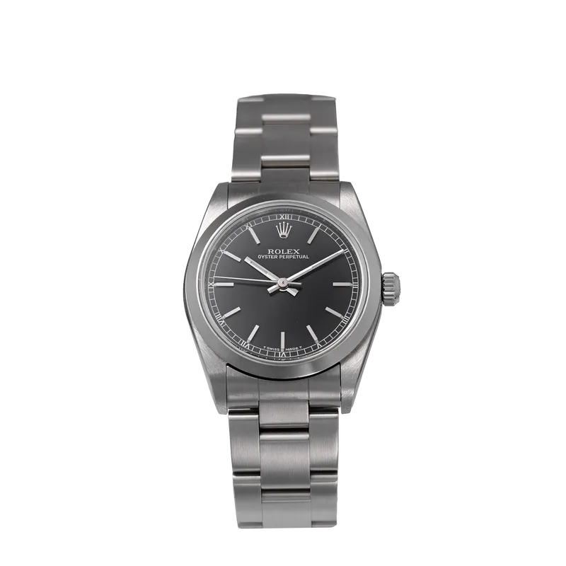 Oyster Perpetual 31mm en acier, cadran noir, lunette lisse, bracelet oyster en acier