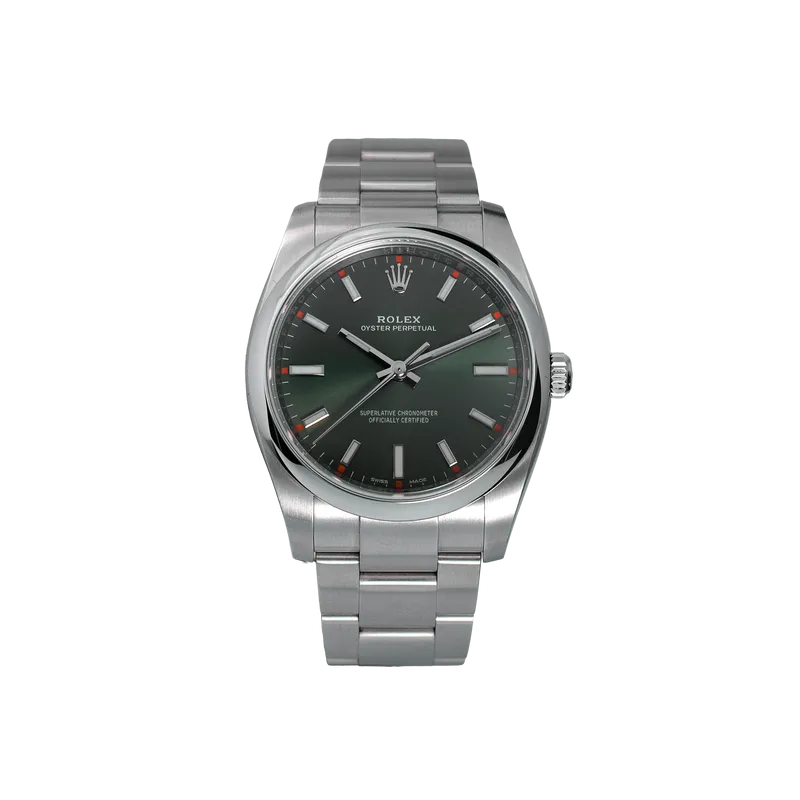 Oyster Perpetual 34mm en acier, cadran vert soleillé, lunette lisse, bracelet oyster acier